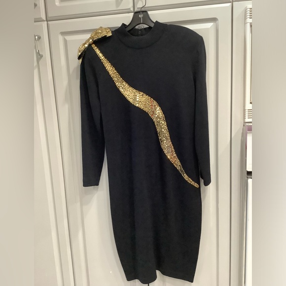 🍒🍒ST. JOHN VTG EVENING BY Marie Gray Black Knit Dress w/Sequin Bow Design Sz 12 - Picture 4 of 16